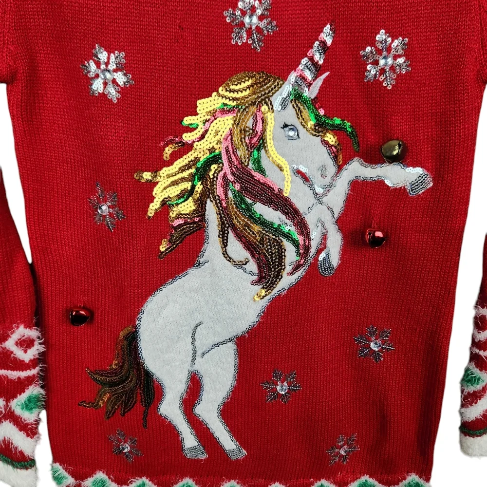 Ugly Christmas Sweater UCS Dress Cute Unicorn Faux Fur Jingle Kids Size Medium